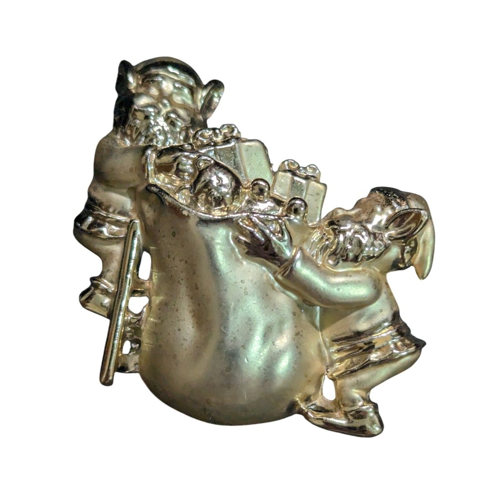 Vintage AJC Gold Tone Christmas Elves Filling Gift Sack Brooch Pin Holiday